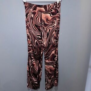 SHEIN Wide Leg Pants Women Large Brown Marble Swirl Satin High Waist Retro Boho